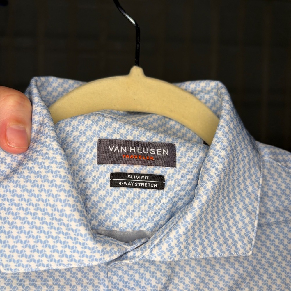 Van Heusen Traveler Shirt Mens M Blue Excellent Slim Fit 4-Way Stretch Geo Print - Picture 3 of 5